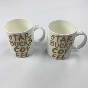 (2) 2015 Starbucks Coffee Mug 12oz Gold Graffiti